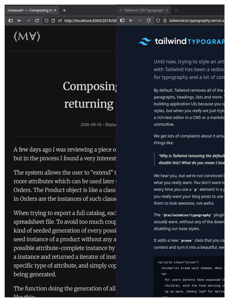 Side-by-side of my blog and TailwindCSS' Typography Post.