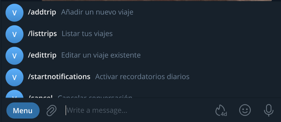 The menu of the Telegram Bot, showing the list of commands